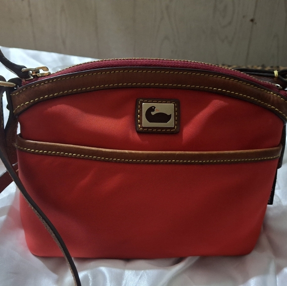 Dooney & Bourke Red and Brown Shoulder Bag, Leather Trim - Picture 1 of 5